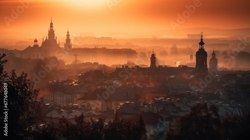 sunrise in old european city landscape AI generated illustration © ArtStage