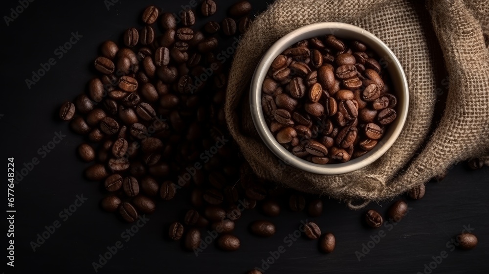 Fototapeta premium Top view of Cup of coffee and coffee beans in a sack AI generated illustration