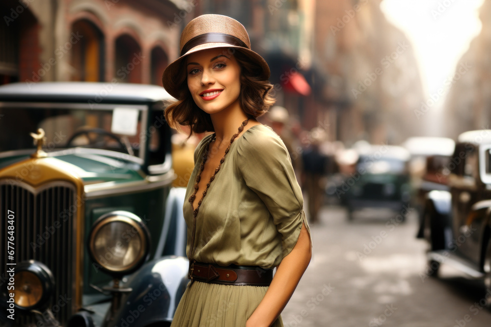 Portrait of a beautiful woman from the twenty's in the street in front of cars