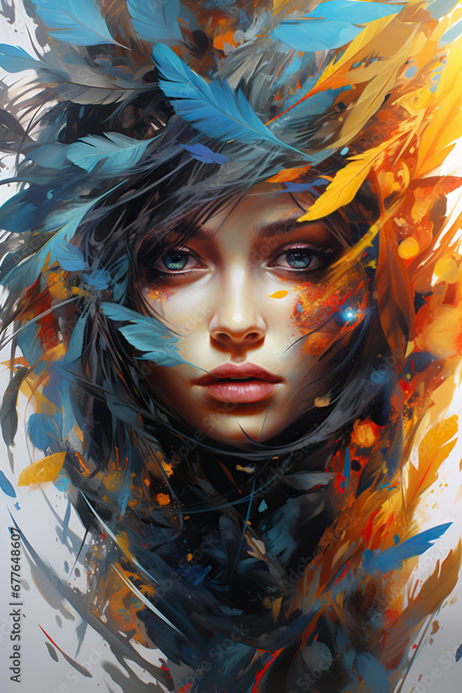 Cute and adorable young woman, painted in abstract style