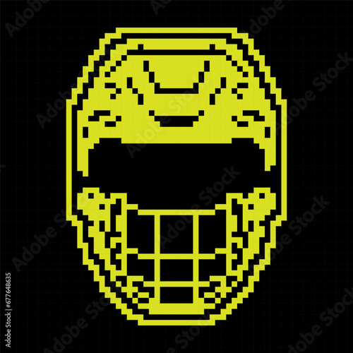 Open hockey helmet Pixel silhouette icon front view, with transparent visor and with protective grill. Ice hockey field player protective gear. Vector