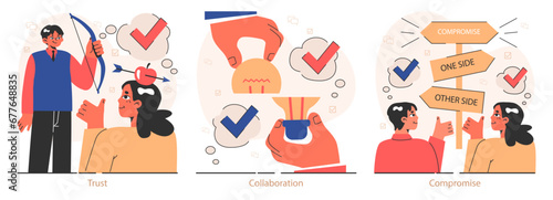 Win-win set. Professionals, employees navigate challenges, finding mutual success. Compromise, synergy and collaboration in negotiation process. Flat vector illustration.