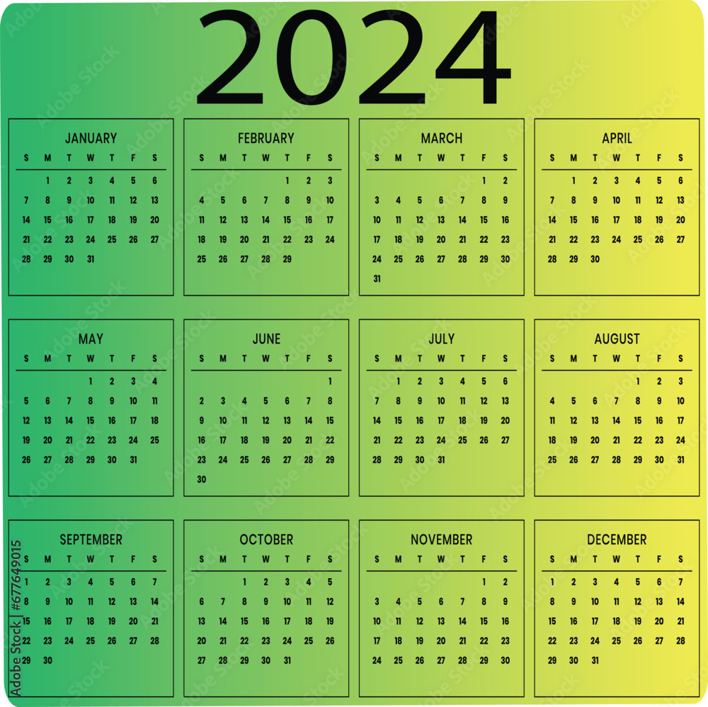 2024 Calendar Year Vector Illustration Week Starts On Sunday Simple