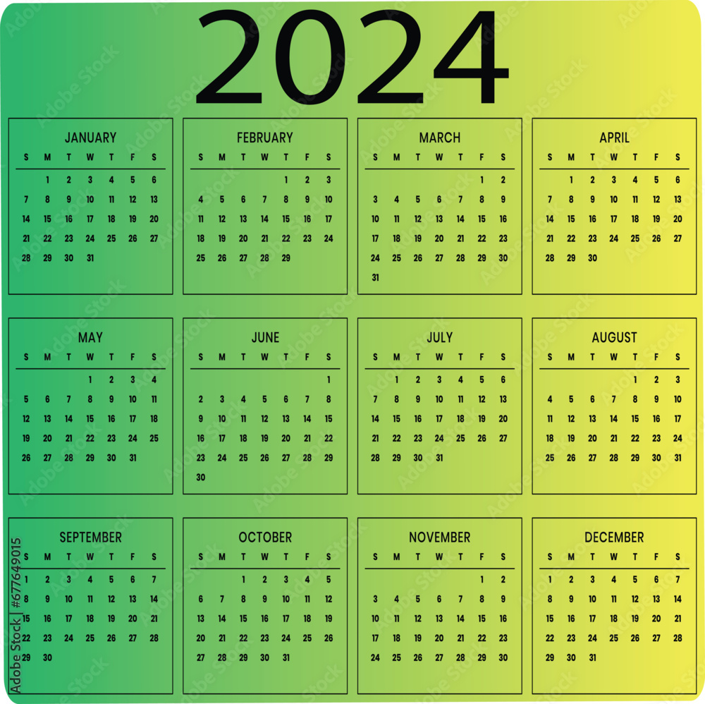 2024 Calendar year vector illustration. week starts on Sunday, Simple