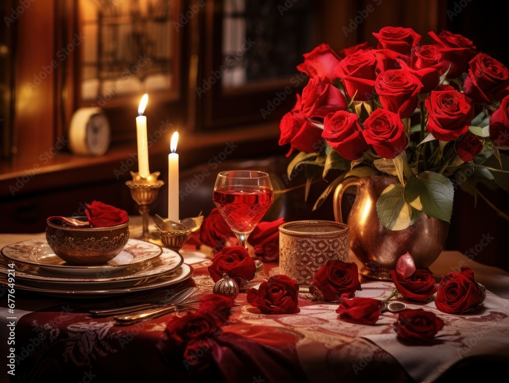 Valentine's Day romance, a beautifully set table with roses, candles, and elegant dinnerware during a romantic evening