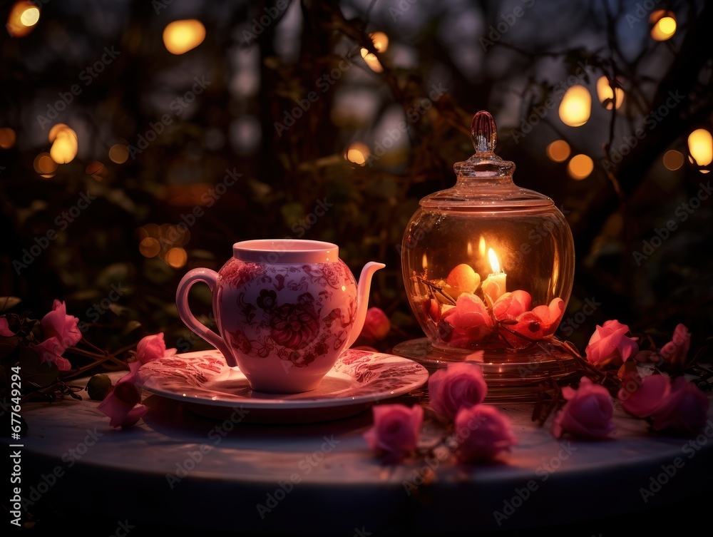 Fototapeta premium Valentine's Day tea time, served on fine china in a candlelit garden