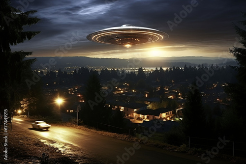 Fantastic night landscape with flying saucer over the city. 