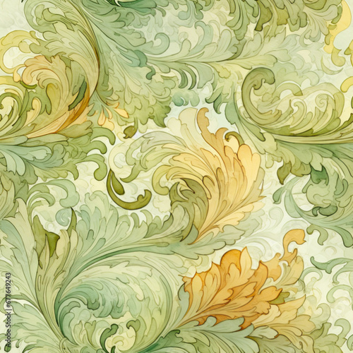 Watercolor seamless background  brocade swirls  muted colors  greens and golds