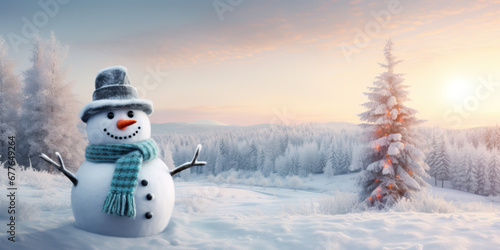 Winter dawn with a festive snowman: a charming way to celebrate the arrival of the Christmas holidays, Santa's day is coming.copy space © britaseifert