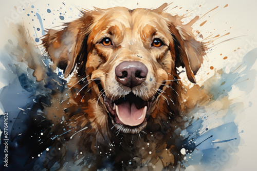 Stunning cute, funny and lovely watercolor style portrait of a Labrador dog with a white background