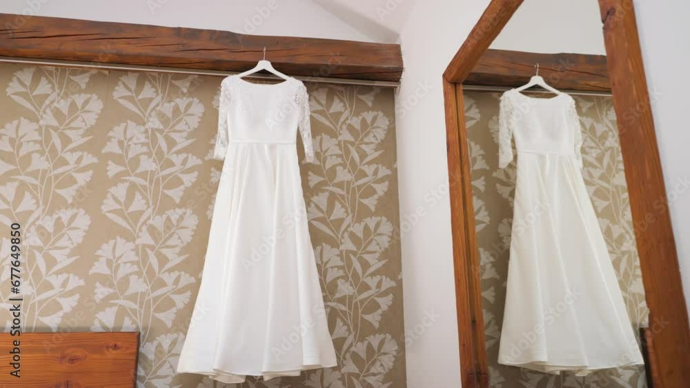 Top of a wedding dress hanging from the four-poster bed, in the room where the bride is getting ready for her wedding. Top of a wedding dress hanging from the four-poster bed, in the room where the bride is getting ready for her wedding.