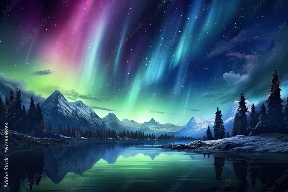 Beautiful Aurora Northern or Southern lights in starry night sky ...