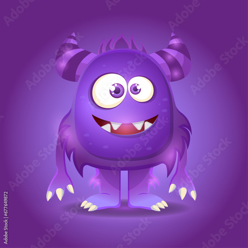 Cute Halloween purple monster with horns, claws and fur on a purple gradient background