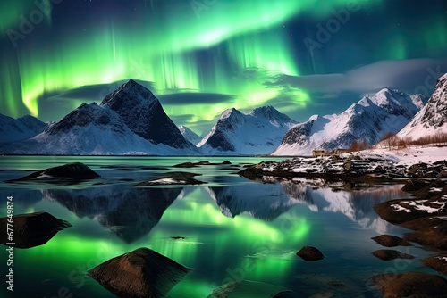Beautiful Aurora Northern or Southern lights in starry night sky. Aurora borealis over the sky at islands. Night winter landscape with colorful scene  sea with sky reflection.
