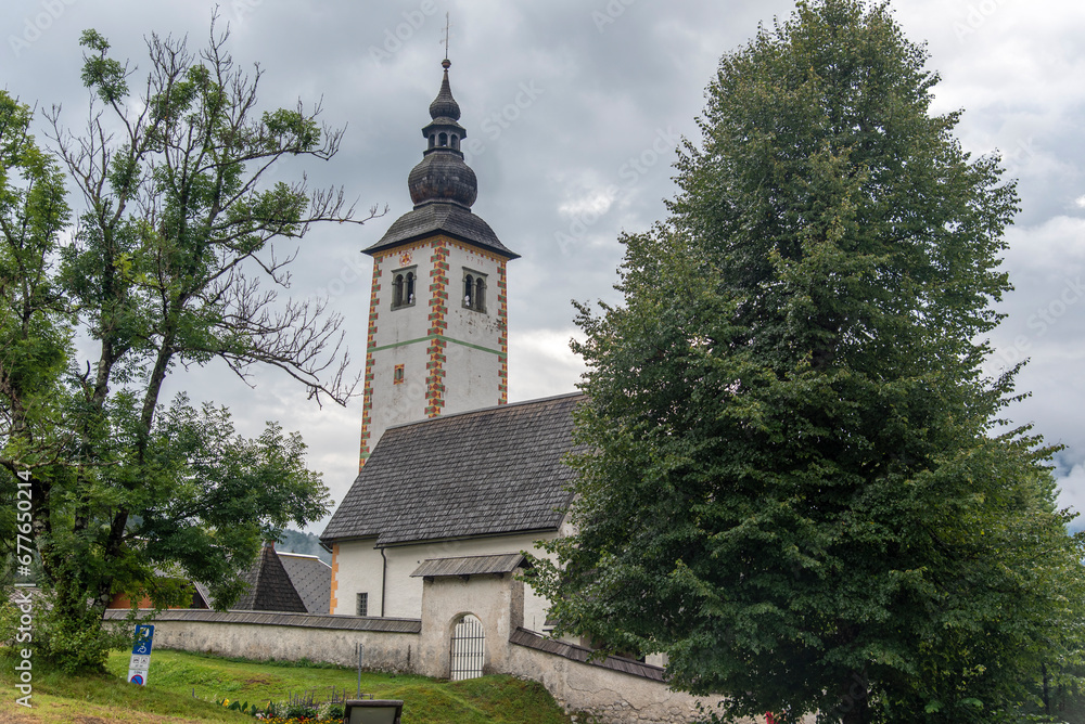 A view towards the church of Saint Paul in the alpine village of Stara Fuzina