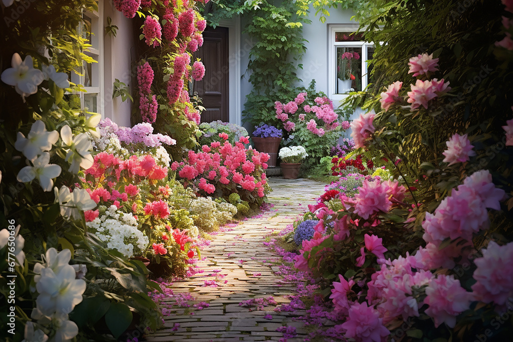 Obraz premium Beautiful green garden with flowers