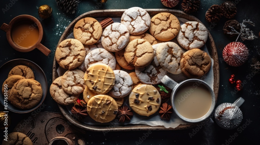 Christmas cookies arranged on a platter with hot cocoa AI generated illustration