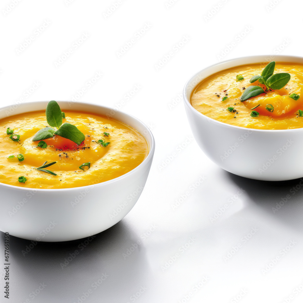 A photograph of a simple pumpkin soup. View of the top in different angles on an isolated white background