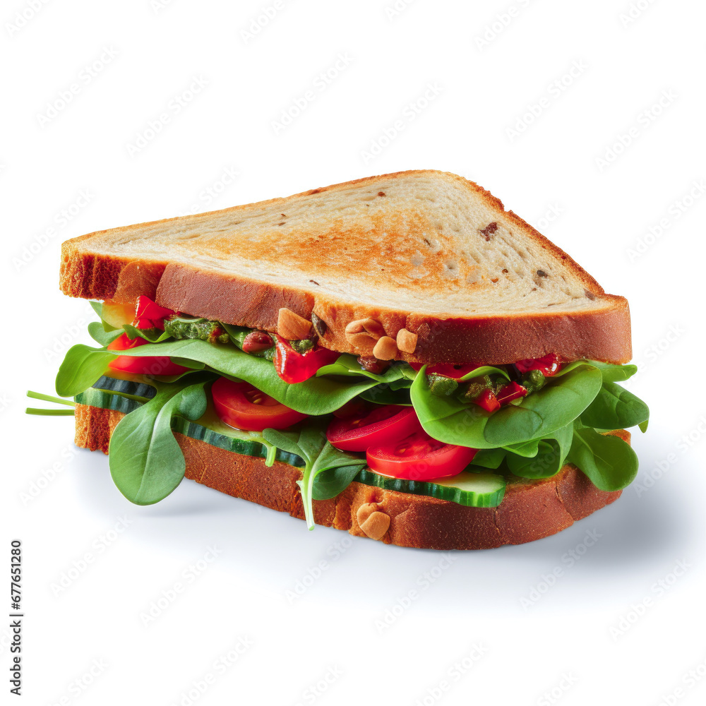 A delicious rustic club sandwich highlighted on a white background A delicious rustic club sandwich highlighted on a white background