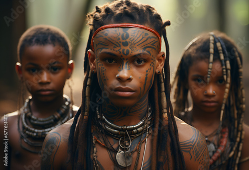 Candid photo of young people and kids from a african tribe half naked with cultural tattoos make-up, cosmetics and wooden stone spear weapon. ethnic groups of africa