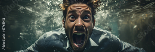 businessman diving underwater and screaming. It represents a metaphorical depiction of stress, frustration, or feeling overwhelmed in a business context, facing intense pressure 
