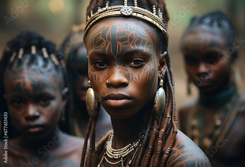 Candid photo of young people and kids from a african tribe half naked with cultural tattoos make-up, cosmetics and wooden stone spear weapon. ethnic groups of africa