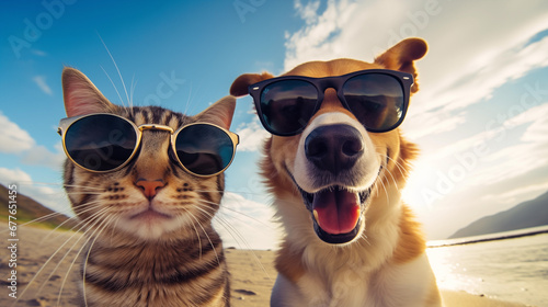 selfie cat and dog wearing sunglasses on a beach © Prompt2image