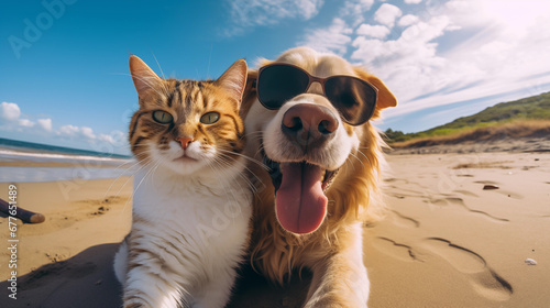 selfie cat and dog wearing sunglasses on a beach photo