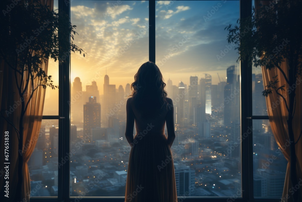 silhouette of a woman looking  in the sunset in city from window 