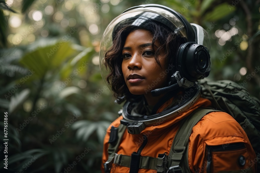 Close-up portrait of a beautiful African American woman wearing an orange spacesuit in a green tropical planet with plants Close-up portrait of a beautiful African American woman wearing an orange spacesuit in a green tropical planet with plants