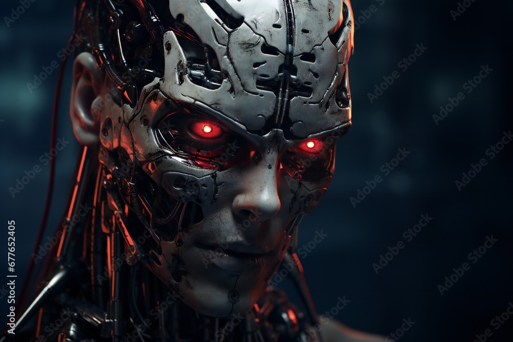 Fototapeta premium Scary cyborg face that will end the humanity, devil like, with empty copy space Generative AI 