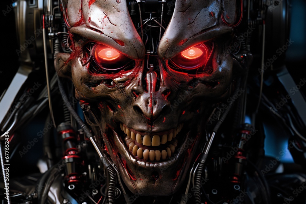 Scary cyborg face that will end the humanity, devil like, with empty copy space Generative AI Scary cyborg face that will end the humanity, devil like, with empty copy space Generative AI