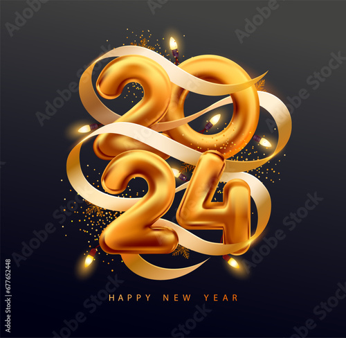 New Years 2024. Christmas greeting card design with golden numbers, ribbon and garland. Realistic vector illustration.
