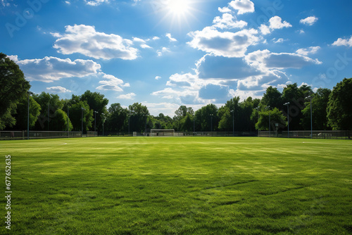 Amateur empty football field on a sunny day. Created by artificial intelligence photo