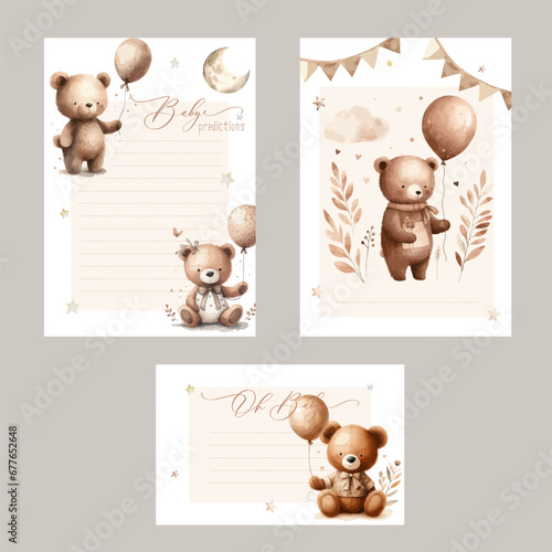 Baby Shower Bingo and Predictions Template. Hand lettering, cute bear and baby equipment.