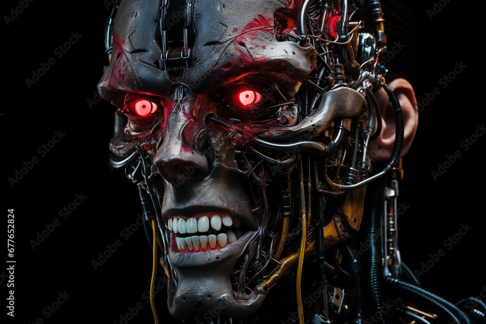 Scary cyborg face that will end the humanity, devil like, with empty copy space Generative AI Scary cyborg face that will end the humanity, devil like, with empty copy space Generative AI