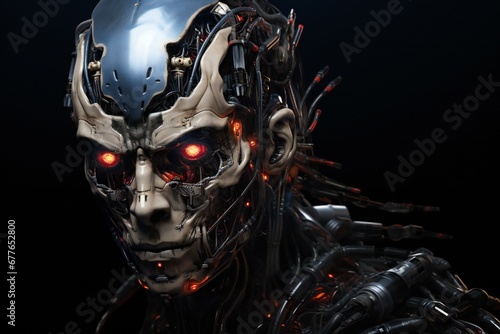 Scary cyborg face that will end the humanity, devil like, with empty copy space Generative AI  © LayerAce.com