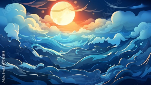 Mystical Moonlit Night: Majestic Waves Cradle the Gleaming Moon Amidst Soft Clouds