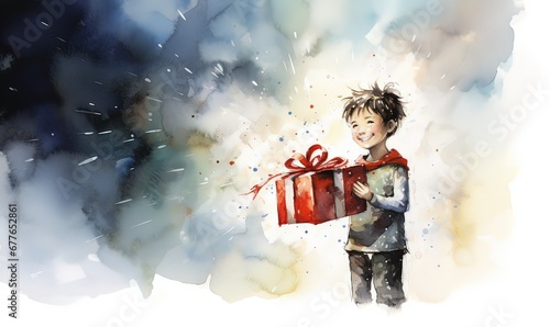 AI bambino che apre i regali di Natale, acquerello, disegno per bambini 03 photo