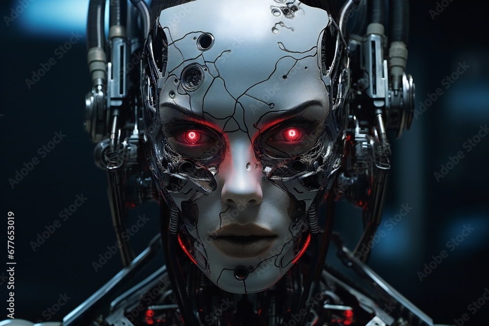 Fototapeta premium Scary cyborg face that will end the humanity, devil like, with empty copy space Generative AI 