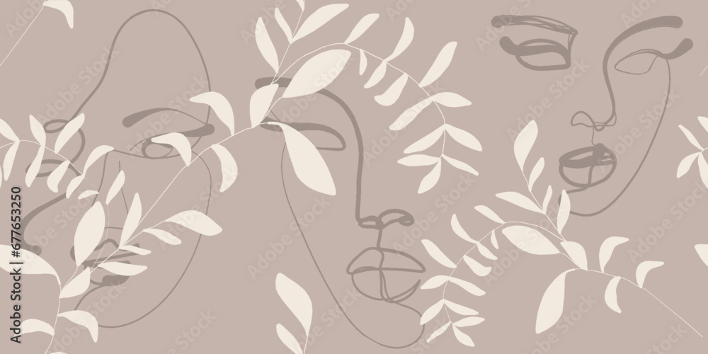 Fototapeta premium Seamless pattern line drawing of women with different faces and floral. 