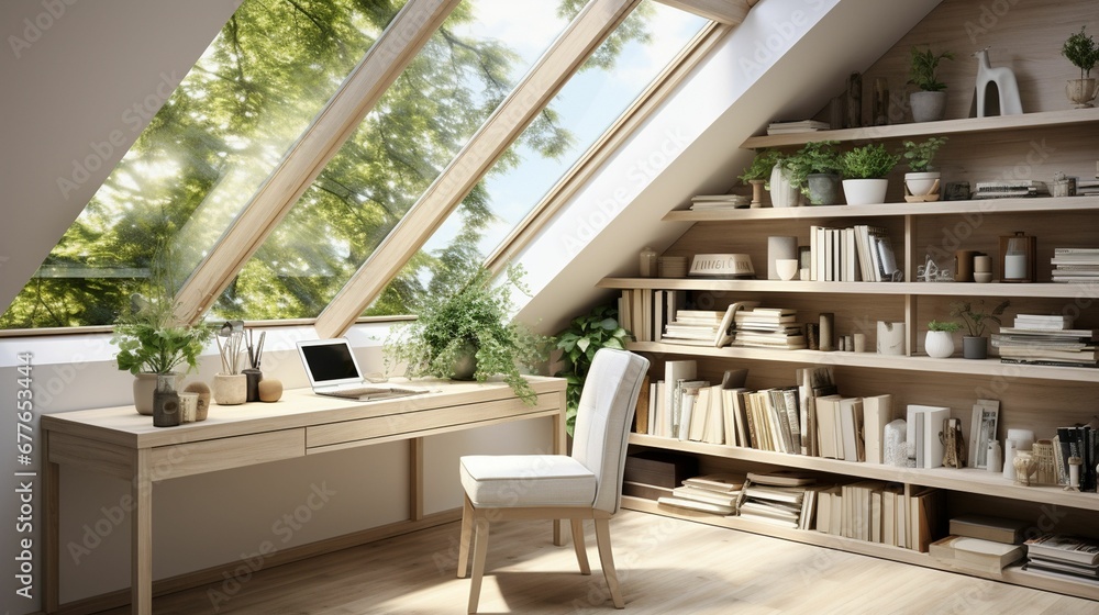 A minimal home office with view from window, wall-mounted desk, modern chair and a bookcase A minimal home office with view from window, wall-mounted desk, modern chair and a bookcase