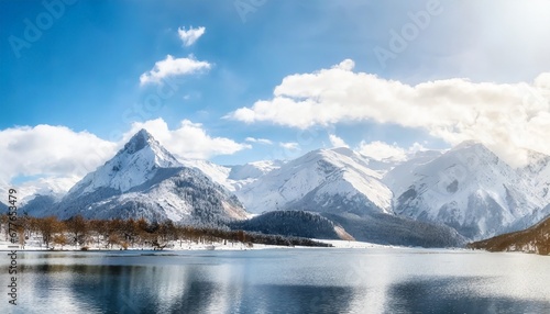 Awesome mountain winter landscape with snow capped mountains with blue lake in front. Nature and travel concept