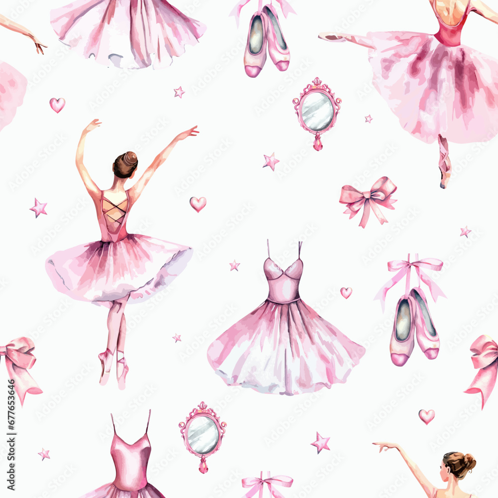 Hand drawn watercolor sketch ballerina ballet seamless pattern. - obrazy, fototapety, plakaty 