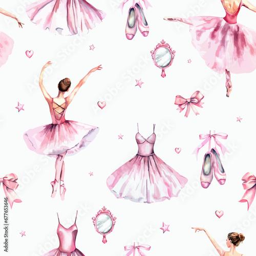 Hand drawn watercolor sketch ballerina ballet seamless pattern.