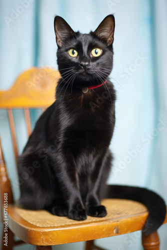 Adult domestic black cat sit on a chair in the living room. Creative cute wallpaper screensaver for phone screen. Portrait of a fluffy majestic cat.