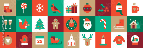 Merry Christmas and New Year poster. Winter holidays.Abstract modern geometric background.Seamless pattern.Set of icons in flat minimalist style.Vector illustration for card, packaging and web banner.