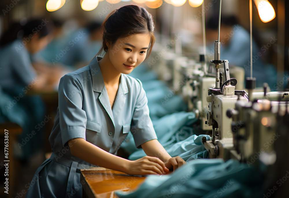 photo of asian seamstress in textile factory sewing with industrial sewing machines.