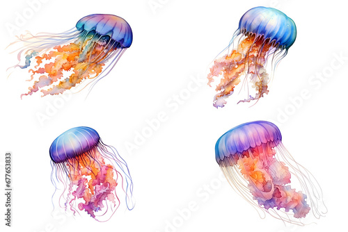 Jellyfish watercolor hand drawn illustration isolated on white background 