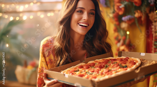 Smiling young happy woman hold cardboard box of hot pizza and enjoying. Creative advertising banner for a pizzeria. 